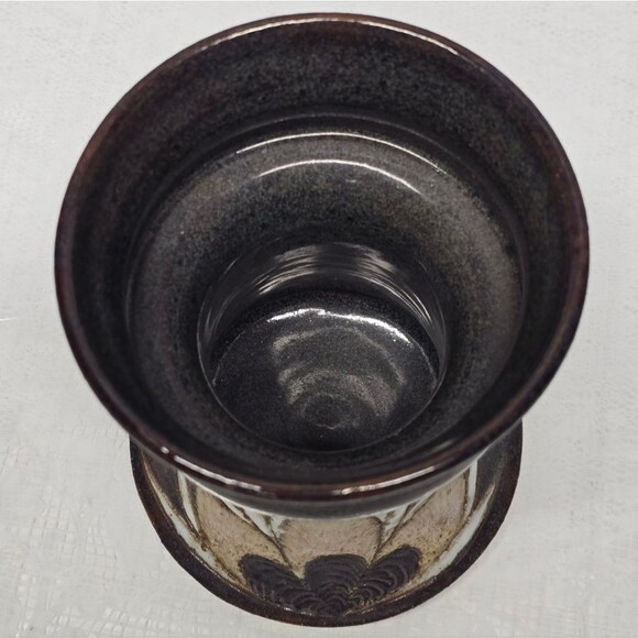 Vintage 80s Scandinavian Stoneware Pottery Floral Vase Blue Brown Signed Rustic - Picture 9 of 12